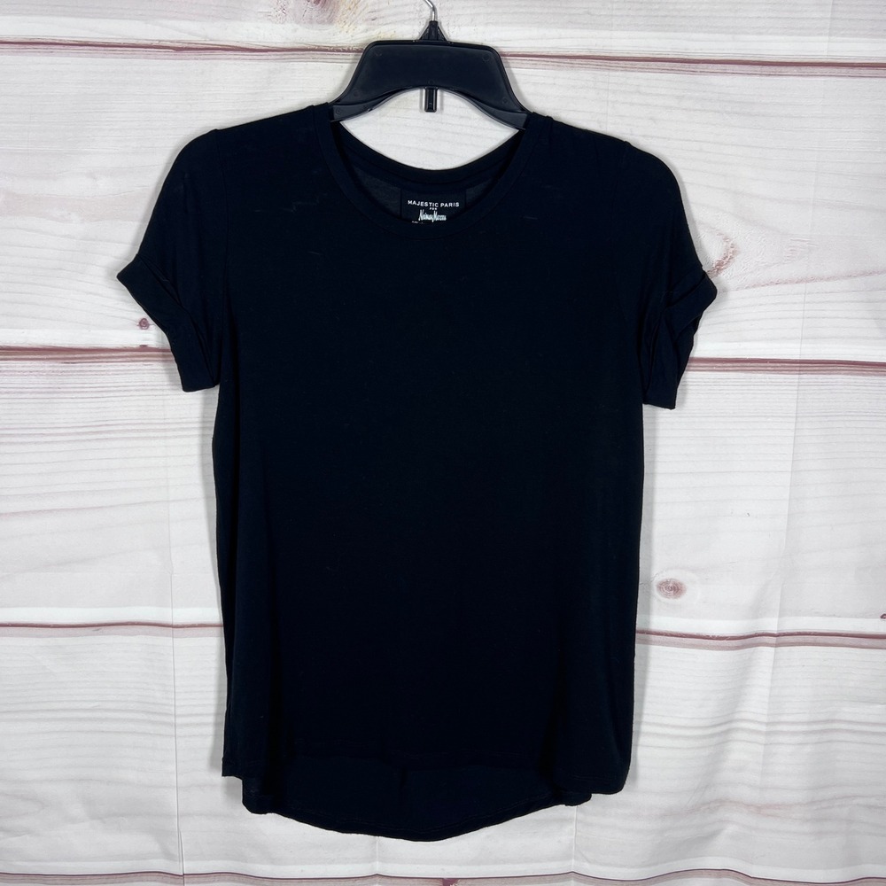 Majestic Paris T-Shirt Women 1 XS Black Short Sleeve Pleated Back Top Extrafine